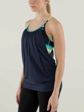 Lululemon No Limits Tank Inkwell Black Tank w/ Surge Blue Green Stripe Bra Sz 8